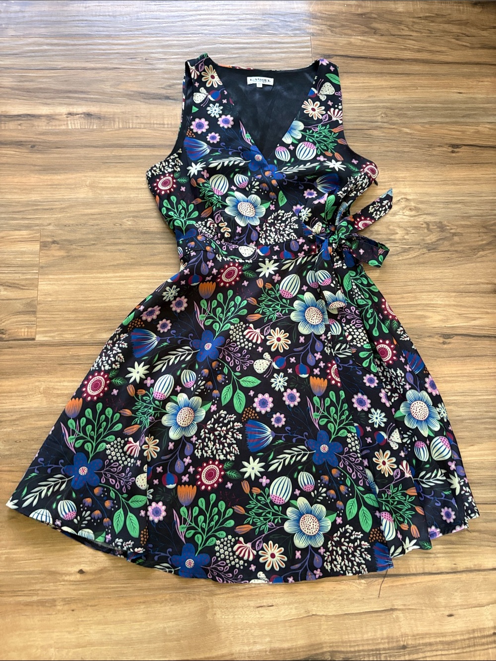 Floral Wrap Mini Dress in Black with Multicolor Print